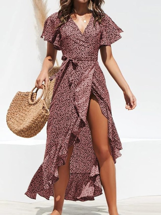 Female wears printed dress with ruffles