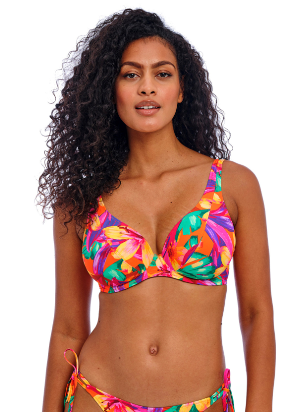 Female wears brightly coloured bikini top