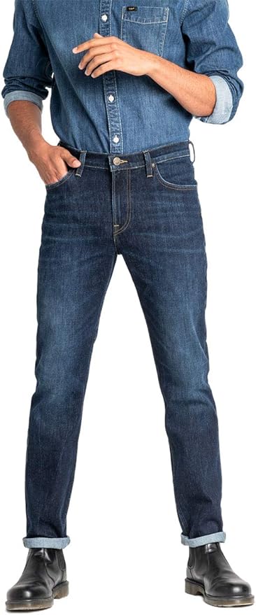 Male wears dark denim shirt and jeans