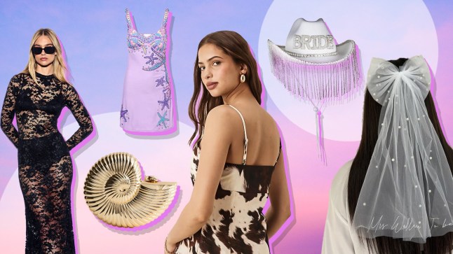 Female wears black mesh dress, with shell bag next to her, along with pink beaded dress and cowboy hat with the word 'bride' across it