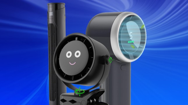 Three different sized black fans grouped together
