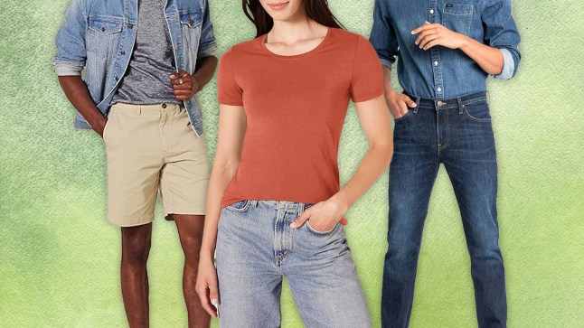 Male and female models wearing various outfits like shorts, jeans and brightly coloured t-shirt