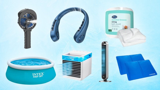 Items that will keep you cool like a pool, handheld fan, neck fan and cooling pads for your pillow