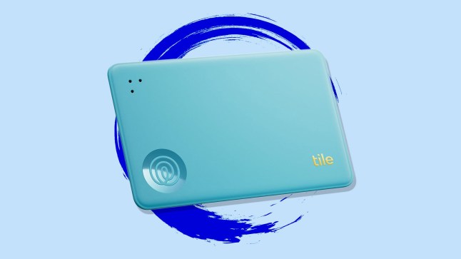 Blue rectangle device on a pale blue background, with blue swirl behind