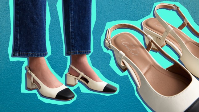 Female wears white shoes with black toe, next to close up shot of the beige sole