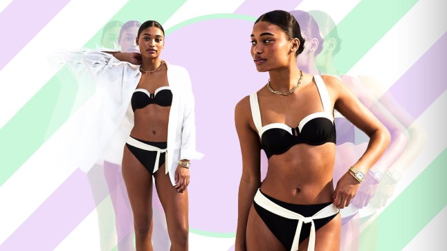 Female wears black bikini with white trim and matching bikini bottoms, along with white shirt