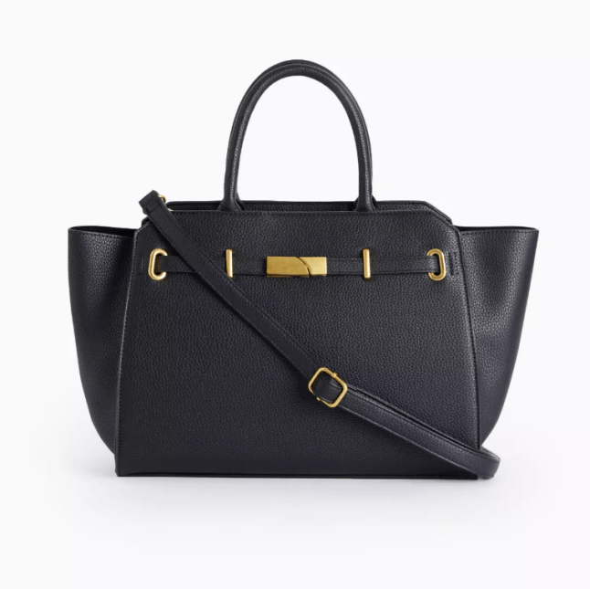 Black handbag with crossbody strap and handles